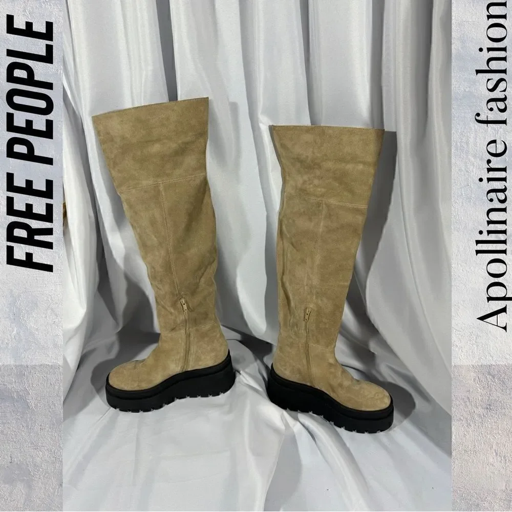 FREE PEOPLE LONDON CALLING SUEDE OVER THE KNEES BOOTS IN STONE SIZE 39